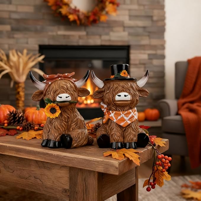 Simgoing 2 Pack Highland Cow Figurines Sunflower Highland Cow Gnomes Statues Decoration for Home Farmhouse Tabletop Centerpieces Calf Lovers Gifts for Garden Tiered Tray Home Decor