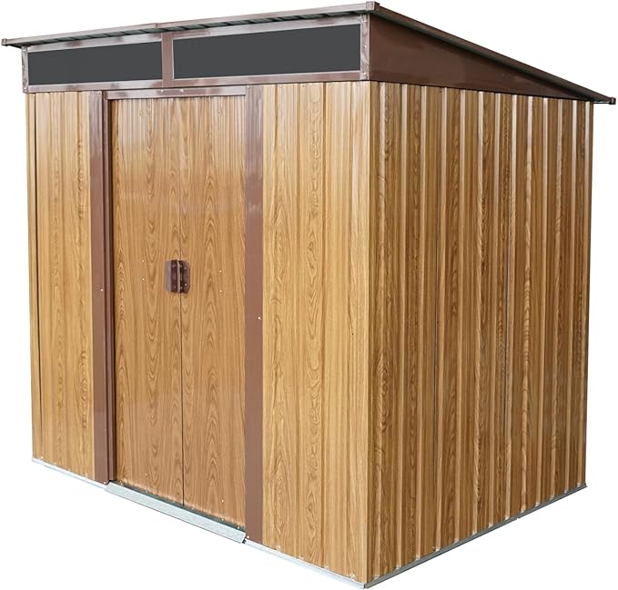 6FT x 5FT Outdoor Storage Shed, Heavy Duty Galvanized Steel Garden Shed with Sloped Roof, Sliding Lockable Doors, Punched Vents & Foundation Kit, Weather Resistant Tool Shed for Backyard, Coffee