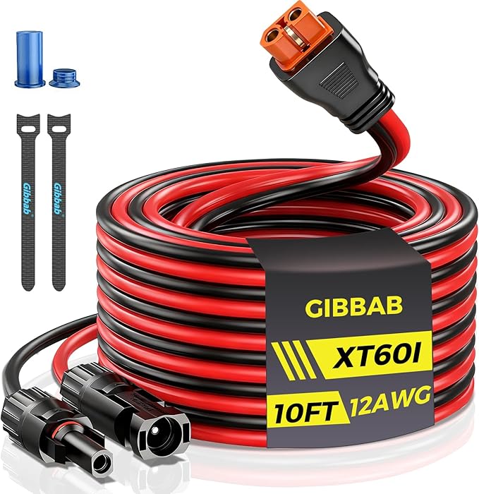 10FT 12AWG Solar to XT60i, Gibbab 3 6 10 16 20 25FT Solar Panel Connector to XT60i-F Adapter Extension Charging Cable for Portable EcoFlow River Delta Anker SOLIX Power Station Generator Battery RV