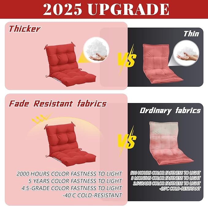 Marsui 4 Pcs Outdoor Indoor High Back Chair Cushions Patio Furniture Tufted Pillow with Ties Water-Resistant Replacement Outdoor Rocking Chair Cushions, 42 x 21 Inches (Red,Solid Color)