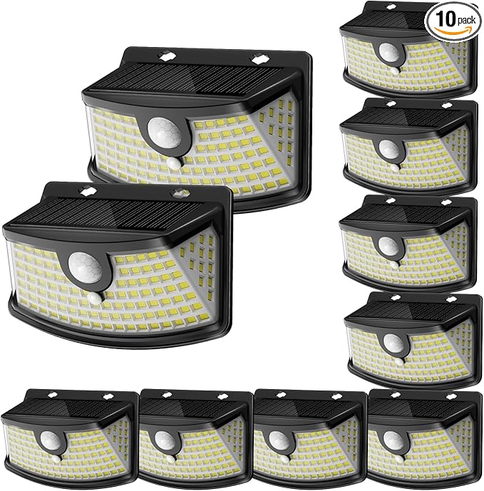Aootek New Solar Motion Sensor Lights 120 LEDs with Lights Reflector,270° Wide Angle, IP65 Waterproof, Step Lights for Front Door, Yard, Garage, Deck (Black, Daylight White, 10-Pack)