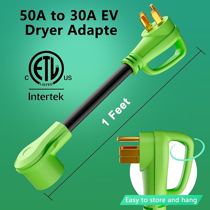 4 Prong 50 Amp to 30 Amp EV Dryer Charger Adapter Cord, Compatible with EV and Dryer Use, STW, 10AWG, for Level 2 EV and Dryer Plug Conversion, NEMA 14-50P to 14-30R, 125V/250V, 1FT, Green