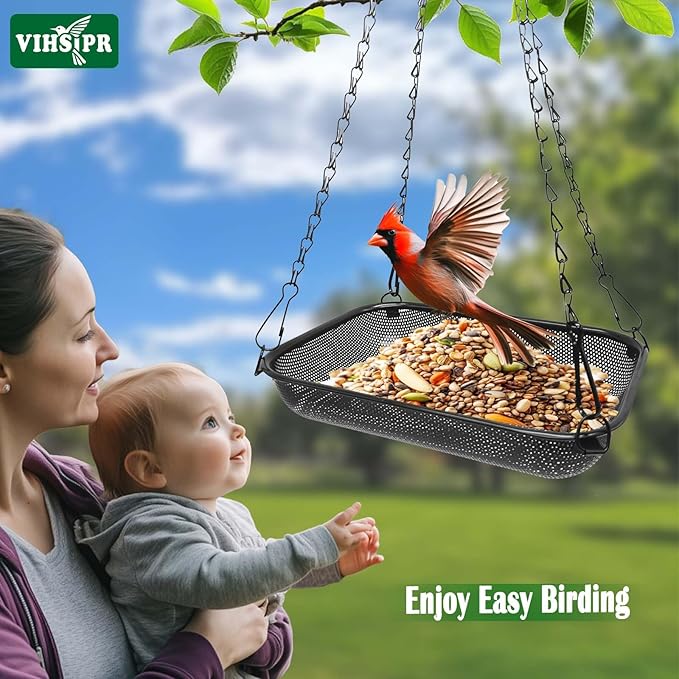 Hanging Bird Feeder for Outdoors – 12 x 8 in Rectangular Platform Bird Feeder, Metal Mesh Seed Tray for Wild Birds, Black