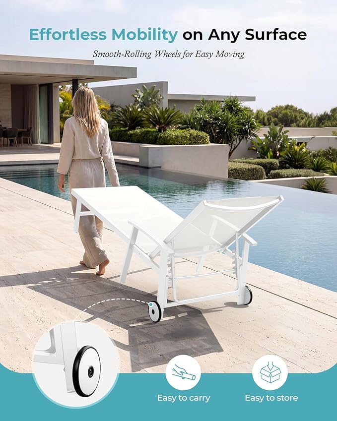 Ciokea Outdoor Lounge Chair with Pillow Set of 4, 5-Position Chaise Lounge with Wheels & Armrests, 400 lbs Heavy Duty Aluminum Pool Lounge Chairs, for Beach, Deck, Poolside & Backyard, White
