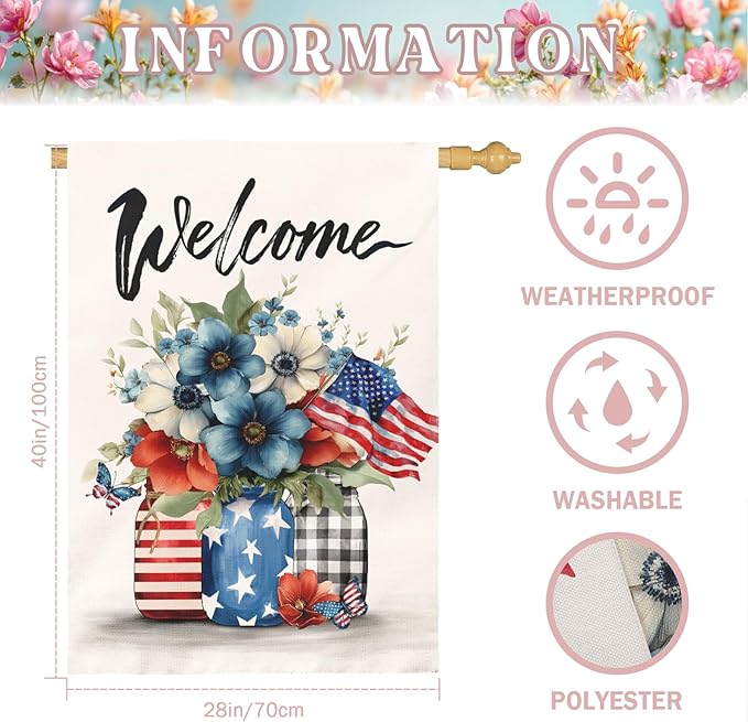 Patriotic Fourth of July House Flag Welcome Red White and Blue Mason Jar Flowers Garden Flags American Flag Floral Farmhouse Outdoor for Independence Day Memorial Day Veterans Day 28 x 40 Inch