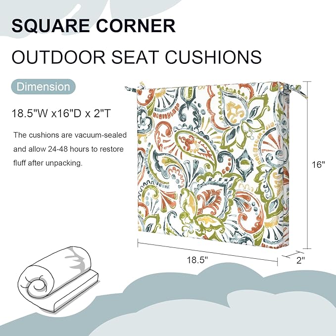 DYTXIII Set of 2 Outdoor Chair Cushions, Water Resistant 18.5"x16"x2" Square Seat Cushion for Patio Dining Chairs, High-Density Replacement Pads for Indoor Outdoor Furniture - Paisley Botanical