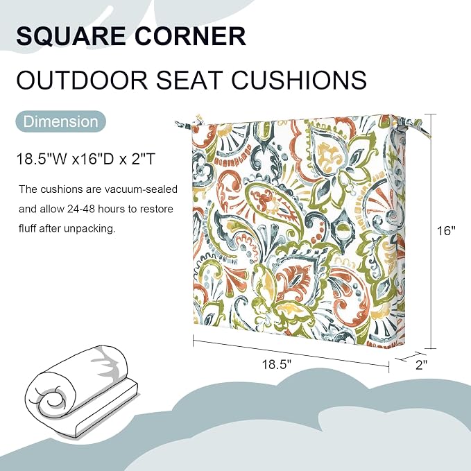 DYTXIII Set of 4 Outdoor Chair Cushions, Water Resistant 18.5"x16"x2" Square Seat Cushion for Patio Dining Chairs, High-Density Replacement Pads for Indoor Outdoor Furniture - Paisley Botanical