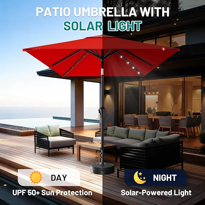 AreShark 6.5' x 10' Rectangular Patio Umbrella with Solar Lights, Solar Powered Lighted Market Umbrella w/Tilt and Crank, Outdoor Table Umbrella for Garden, Deck, Backyard, Pool and Beach, Red
