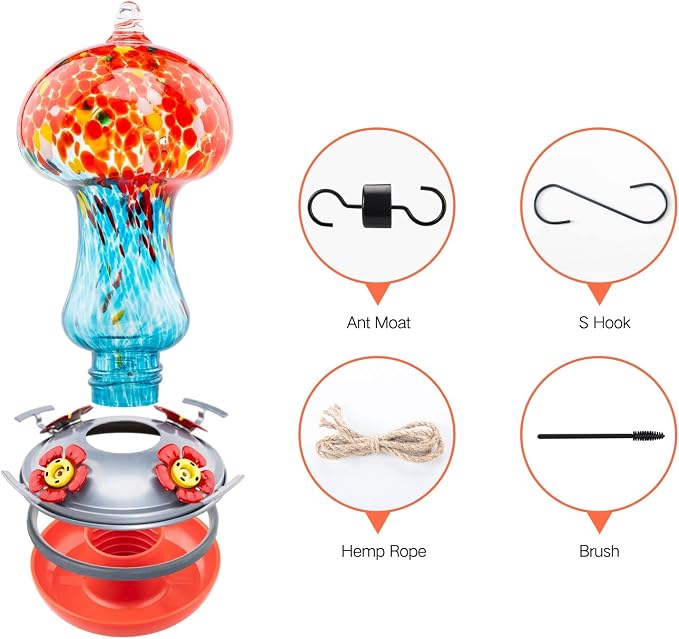 Muse Garden Gifts for Women Hummingbird Feeders for Outdoors Hanging Ant and Bee Proof, Blown Glass Hummingbird Feeder with Ant Moat, Christmas Gardening Gifts for Women Mom, 28OZ, Ocean Sunrise | Muse Garden Gifts for Women Hummingbird Feeders for Out...