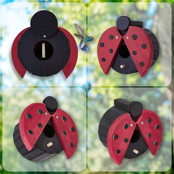 NATUREYLWL Bird Houses for Outside - Wooden Hanging Bird House - Ladybug-Shaped Birdhouse for Finches, Wrens, Cardinals - Outdoors Bluebird Nesting Box - Cute Garden Decor for Wild Birds