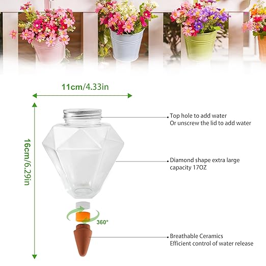 Watering Globes XL - 2 Pcs Diamond Plastic Shape Plant Watering Globes Self Watering Planter Insert 17oz Large for Indoor＆Outdoor Plants Watering Bulbs