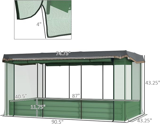 Outsunny 7.3 x 3.4 x 1 ft Galvanized Raised Garden Bed with Crop Cage Plant Protection Net and Shade Cloth Roof, Metal Planter Box with Cover for Vegetables, Flowers, Herbs, Green