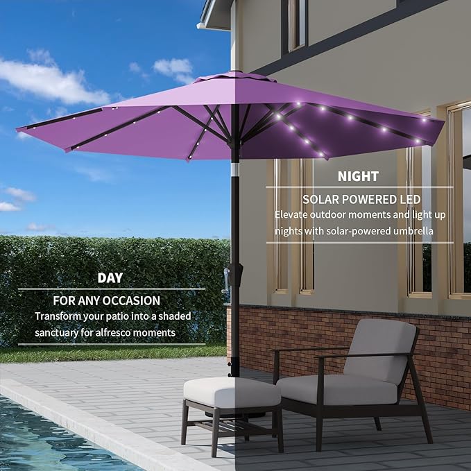 9FT Patio Umbrella with Solar Lights,Outdoor Market Umbrella with Tilt and Crank, LED Lighted Table Umbrella for Garden,Deck,Backyard,Pool,Beach