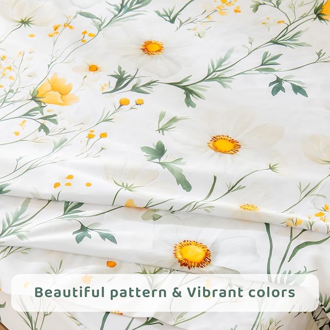 QSH 4PCs Green Floral Sheets Queen Size,100% Egyptian Cotton Sheets Queen Size Yellow Platycodon Flowers Botanical Pattern Printed Bed Sheet Extra Soft and Breathable 17.5" Deep Pockets Bedding Sheet