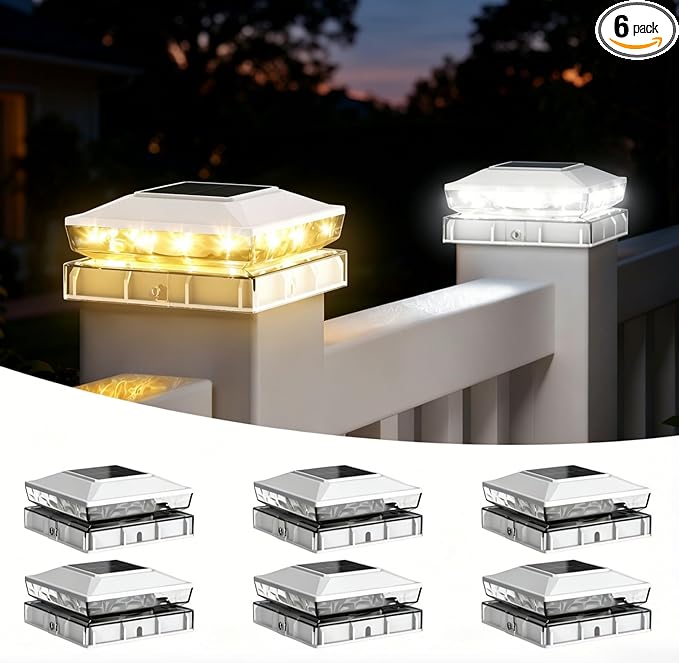 KEILAIMO Solar Post Cap Lights Outdoor, 6 Pack Upgraded Waterproof Deck Fence Post Solar Lights for 3.5x3.5 4x4 5x5 Vinyl/Wood Posts, 10-12 Hours Warm/Cool White Glow for Garden/Patio/Porch - White
