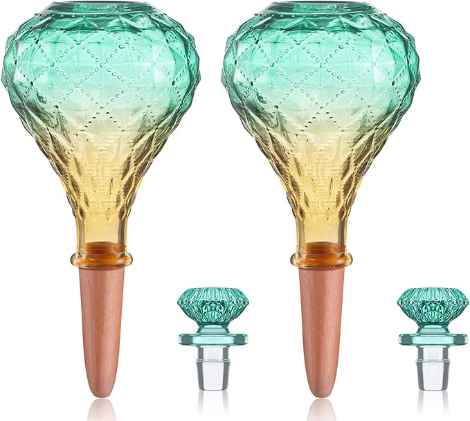 12 oz Plant Watering Globes, Green Glass Self Watering Bulbs Top Fill with Terracotta Spikes Stake, Self Watering Planter Insert Vacation Automatic Plant Waterer Device for Indoor & Outdoor 2Pack