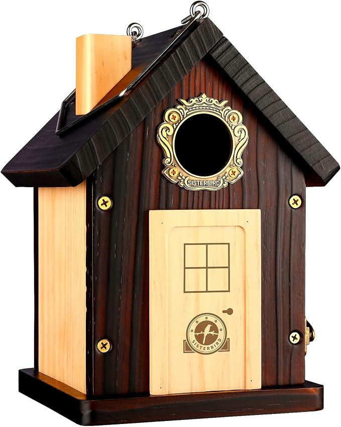 SISTERBIRD Bluebird House, Premium Bird Houses for Outside, Wooden Cabin Blue Bird Houses for Outdoors, Courtyard Decorated Hanging Bird House