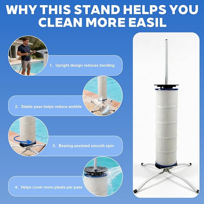 Pool Filter Cleaning Stand, Upright Stand for Cartridge Filters, Smooth Bearing-Assisted Spin, Easier Upright Rinsing for Routine Pool Maintenance, Fits 3”/4”/6” Center-Hole Filters Up to 35”