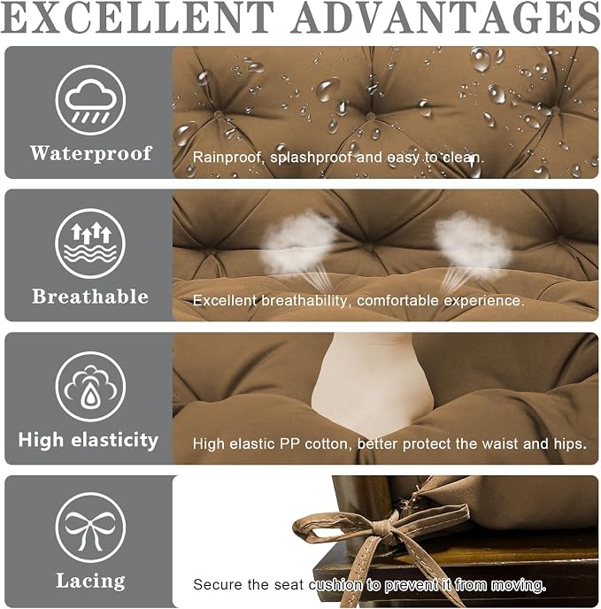 Porch Swing Cushions Outdoor, 5 Inch Thick Waterproof 2-3 Seater Replacement Swing Cushion with Backrest and Anti-Slip Ties, Perfect for Porch, Patio, Garden, Outdoor Bench Furniture, 60×40×5 Inch