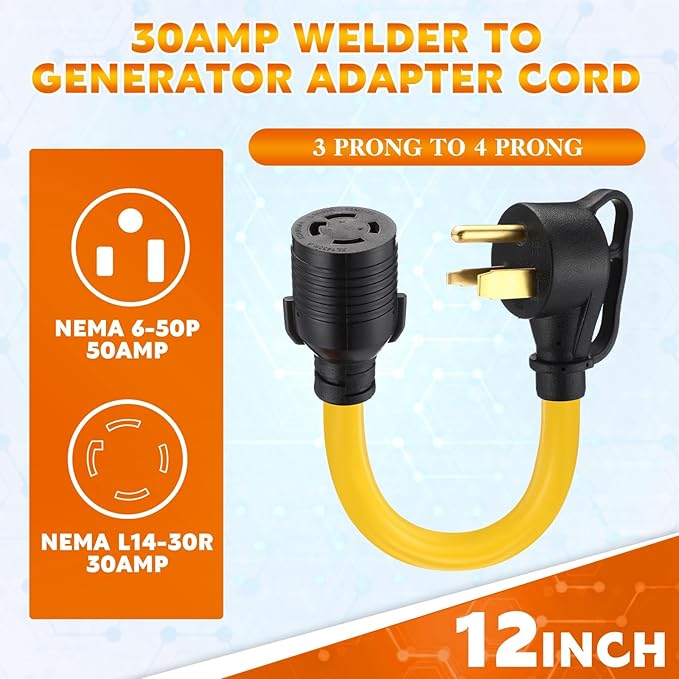 Tellegloww NEMA 6-50P to L14-30R 1 FT 30 Amp Welder Adapter Cord, 3 Prong 50amp Welding Outlet to 4 Prong 30amp Generator Locking Plug, Generator to Welder Adapter STW 10 AWG, ETL Listed