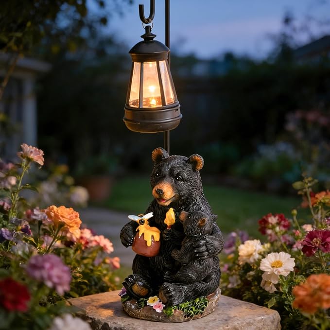 Pohabery Solar Bear Family Garden Statue with Lantern, Resin Mother and Baby Bear Figurine Outdoor Garden Decor