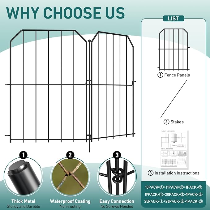 Goovilla Garden Fence, Total 10ft(L) x 24in(H) Garden Fencing Animal Barrier, 10 Pcs Rustproof Metal Wire No Dig Fence Panels, Black Decorative Garden Fences and Borders for Dogs, Flower Bed, Patio