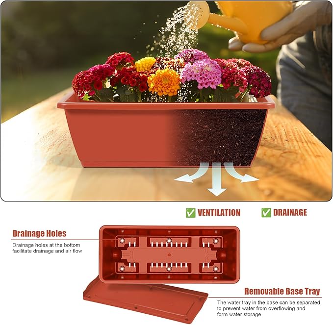 Railing Planter Box 4 Pack Window Boxes Planters 16.9 Inch Rectangular Planter with Adjustable Brackets 2 Tier Outdoor Balcony Hanging Planters Set of 2 for Railings Garden Porch Patio, Brick Red