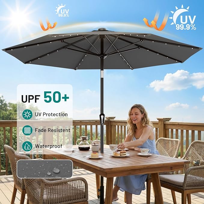 AreShark 9FT Patio Umbrella with Solar Lights, 32 Lighted Pool Umbrella w/Tilt and Crank, Outdoor Market Solar Umbrellas for Garden, Deck, Backyard, Pool and Beach, Gray