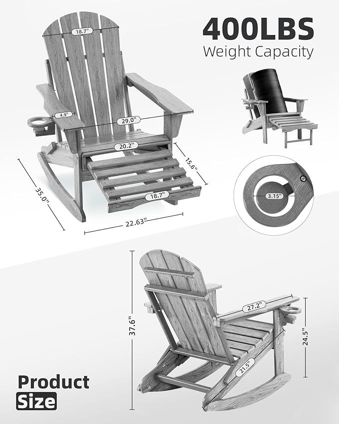 Folding Adirondack Rocking Chair,4-in-1 Multifunctional Patio Chair with Retractable Ottoman, Outdoor Chair Wood Texture, Lawn Chair for Porch, Backyard, Pool(Grey)
