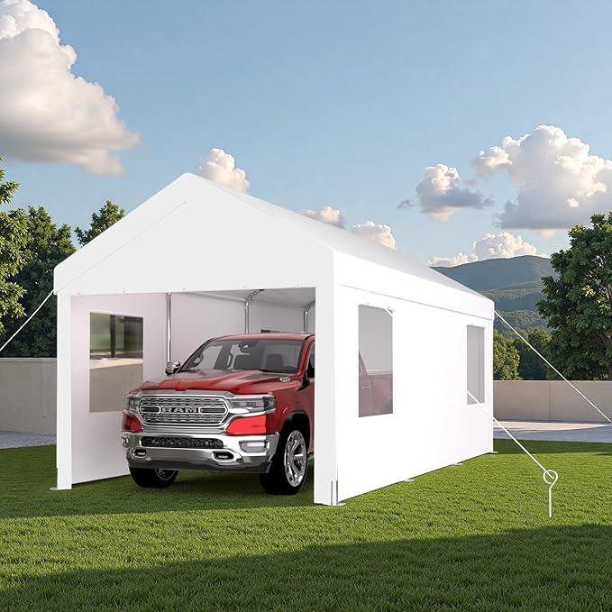 12x20FT Canopy, Outdoor Portable Garage with 2 Roll-Up Doors & 4 Ventilated Windows, Patio Camping Heavy Duty Car Port Canopy with PE Cover, Ground Pegs & Steel Cables, Easy Assembly, White