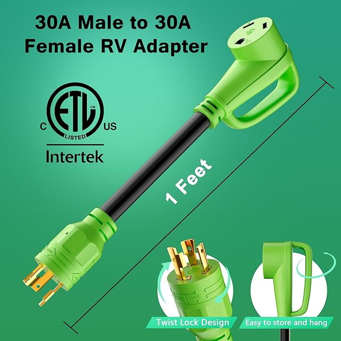 3 Prong 30 Amp RV Generator Adapter Cord, Generator to RV Adapter, NEMA L5-30P Twist Lock Male to NEMA TT-30R Female with Handle, STW, 10AWG, for Generator to RV Trailer Camper, 1FT
