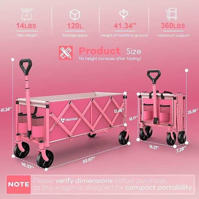 Hikemoon 34'' Extra Long Collapsible Wagons Carts Foldable, 360LBS Heavy Duty Folding Beach Wagon Cart with Wheels, Portable Utility Outdoor Wagon for Grocery, Shopping, Garden, Sports, Camping, Pink
