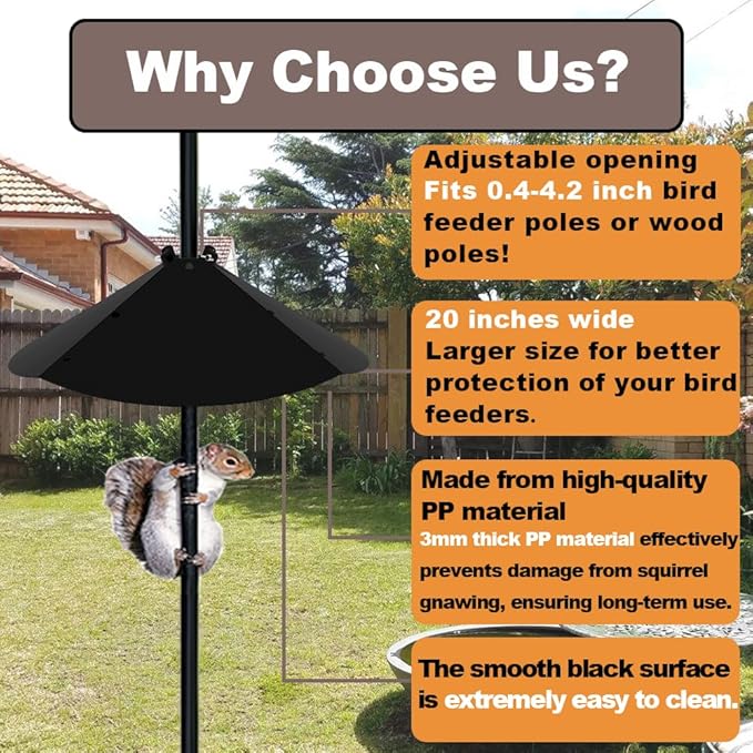 20 Inch Squirrel Baffle for Bird Feeder Pole, Adjustable Opening Size, for Up to 4x4 Inch Wide Wooden Post, Outside Pole Mount Bird House Guard for Outdoor Shepherd’s Hook.