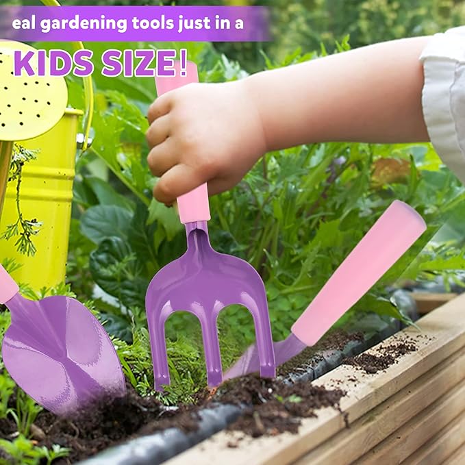 3 PCs Kids Gardening Set Trowel Rake Shovel Children's Garden Tools Pink Purple Kids Garden Tools Gardening Gifts for Kids Girls