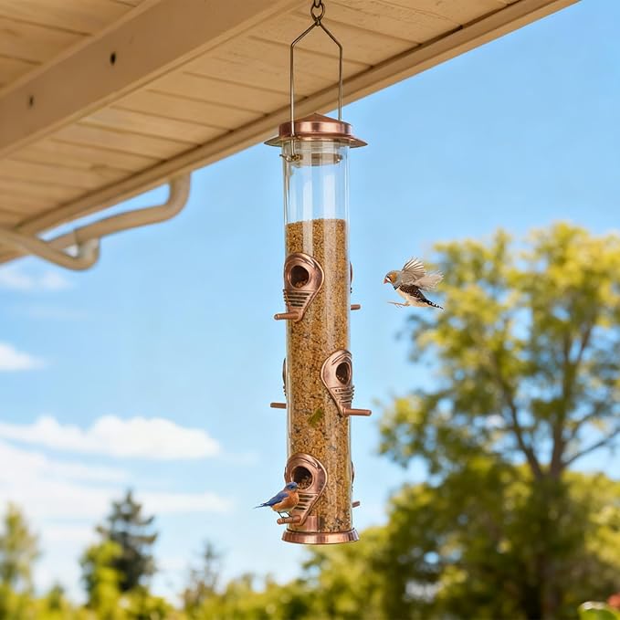 ERYTLLY Metal Bird Feeders 6 Port Tube Bird Feeder for Wild Birds, 1.4mm Extra Thick Solid Tube Transparent with Steel Hanger for Outside
