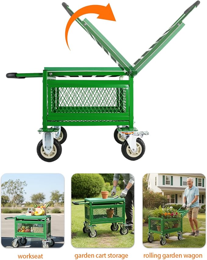 Garden Seat with Cart and Wheels for Seniors, Patio, Lawn & Yard | Lockable 360 Swivel Wheels, Heavy-Duty, Foam Handle Grip, Large Mesh Storage Basket, Comfortable Garden Rolling Seat