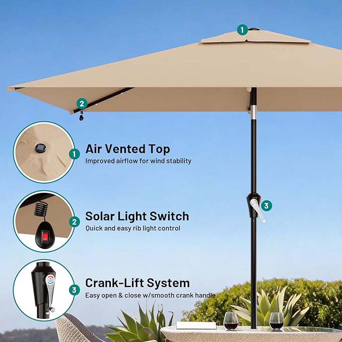 AreShark 6.5' x 10' Rectangular Patio Umbrella with Solar Lights, Solar Powered Lighted Market Umbrella w/Tilt and Crank, Outdoor Table Umbrella for Garden, Deck, Backyard, Pool and Beach, Beige
