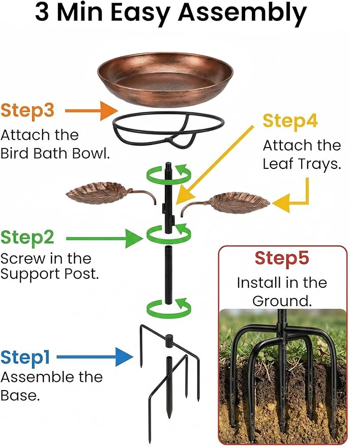 36" Metal Bird Bath & Feeder - Rust-Resistant Antique Design, Ultra-Stable 5-Prong Base & Detachable Easy-Clean Bowl - Tool-Free 3-Min Assembly Garden Decor for Outdoors, Patio, Backyard