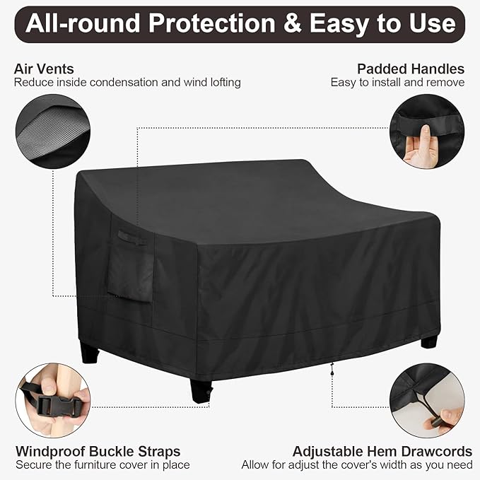 PureFit Outdoor Couch Cover Waterproof Patio Sofa Furniture Covers, 2-Seater Outdoor Loveseat Cover with Air Vent and Handles, 60W x 35D x 35H Inches, Black