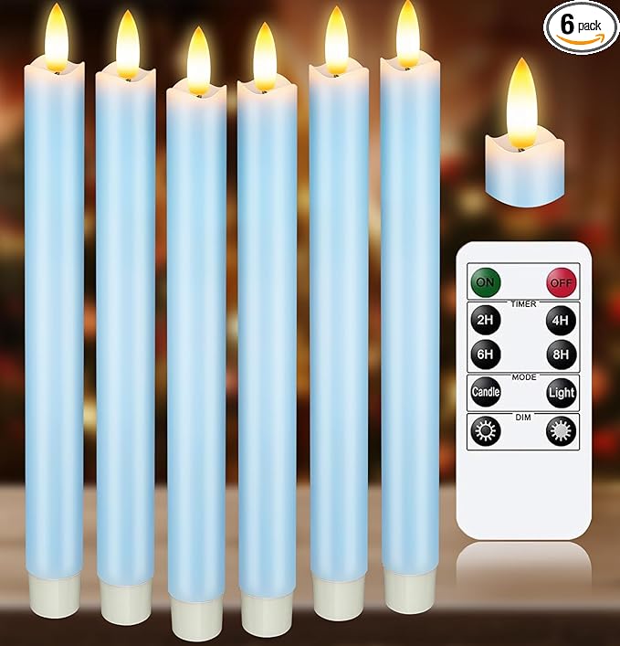 KSWING Upgraded Real Wax LED Flameless Light Blue Taper Candles with Remote, 6 PCS Candlesticks Battery Operated 3D Flickering - 9.6" Long Realistic Fake Candle Sticks for Home/Wedding/Xmas Decor