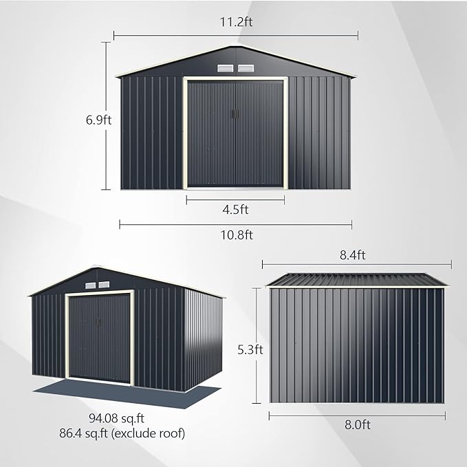 Goplus Outdoor Storage Shed, 11' X 8' Metal Garden Shed with 4 Vents & Double Sliding Door, Utility Tool Shed Storage House for Backyard, Patio, Lawn