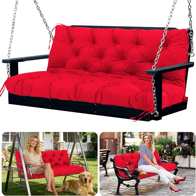 Porch Swing Cushions 2 Seater Replacement Thicken 5" Waterproof & Fade Resistant Swing Cushions for Outdoor Furniture Bench Patio Swing Cushion with Backrest & Ties(Rose Red 40x40x5inch)