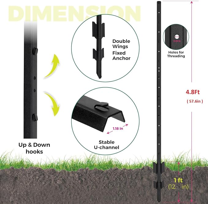 Fence Posts 4.8 Feet, Heavy Duty Metal Fence Post with U-Channel, Steel Fence U Post for Wire Fencing Steel Post for Yard, Outdoor Wire (Black - Set 15)