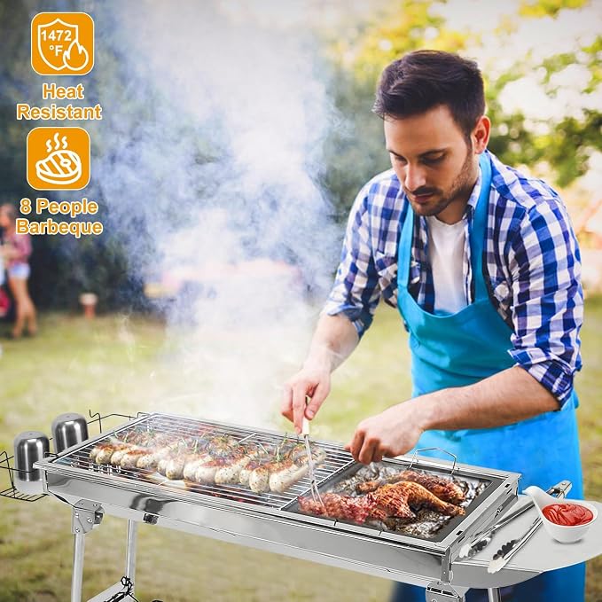 Portable Charcoal Grill, Large Stainless Steel Folding Grill with Side Table & Storage, Barbecue for outdoor Cooking Camping Parties Garden, Backyard Grilling and Family Picnics (39x13x28 In)