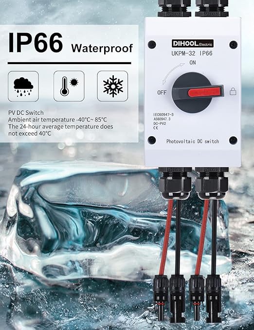 DIHOOL Solar Disconnect Switch,32 Amp DC600V,2 String 2 in 2 Out Isolator,IP66 Waterproof