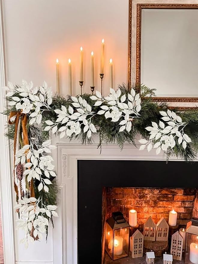 25.6" Christmas Glitter Leaves Stems, 5Pcs Artificial White Leaf Spray Leaf Picks Tall for Christmas Tree DIY Xmas Wreath Garland Arrangment Vase Bouquets Table Centerpieces Decoration Home Decor
