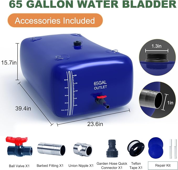 65 Gallon Water Bladder, 1000D PVC Foldable Portable Water Tank, Blue Large Capacity Water Bag Container for Camping, Garden, Agricultural Irrigation, Drought Resistance, Emergency Supply