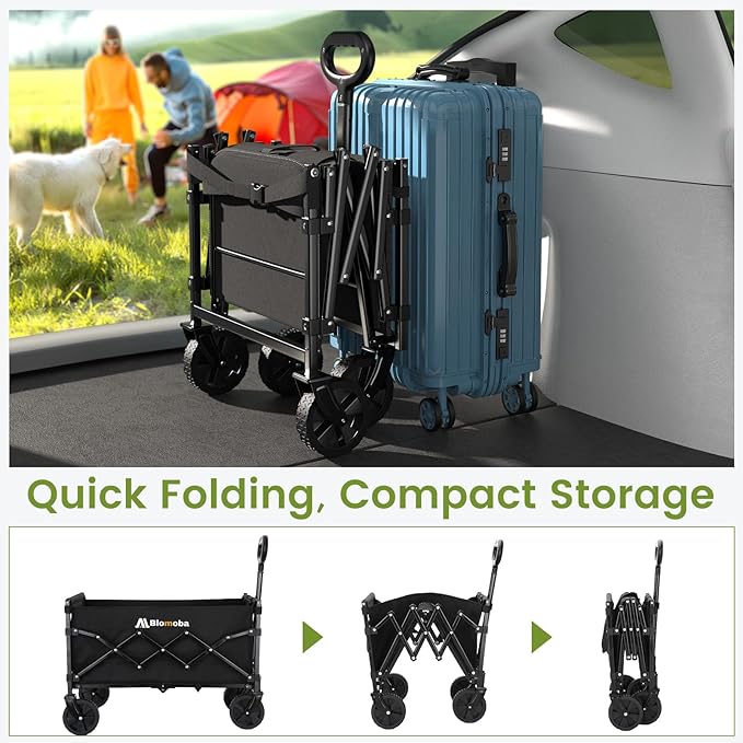 Blomoba 220LBS Foldable Wagon with All-Terrain Wheels, Portable Wagon Cart with Extended Tailgate, Adjustable Handle, Utility Cart for Camping, Shopping, Garden, Sports, Grocery, Black