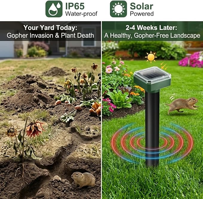 2026 8Pack Mole Repellent Solar Powered Sonic Gopher Repellent Stakes for Lawns,IP65 Waterproof Ultrasonic Mole Repellent for Lawns,Sonic Chipmunk Snake Armadillo Vole Deterrent for Lawns