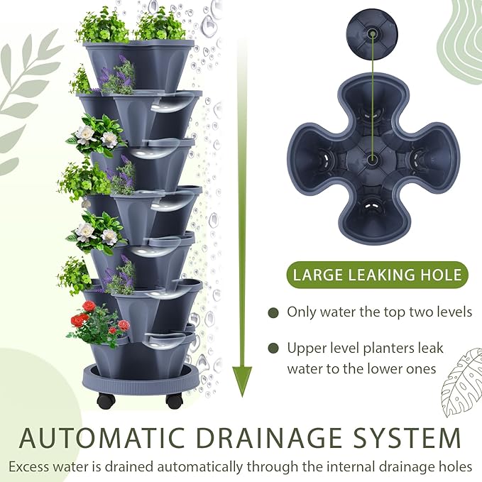 Umigy 1 Set Dark Gray 7 Tier Vertical Planter Stackable Tower Planters Strawberry Herb Flower and Vegetable Pots Indoor Outdoor Gardening Pots with Removable Wheels and Tools